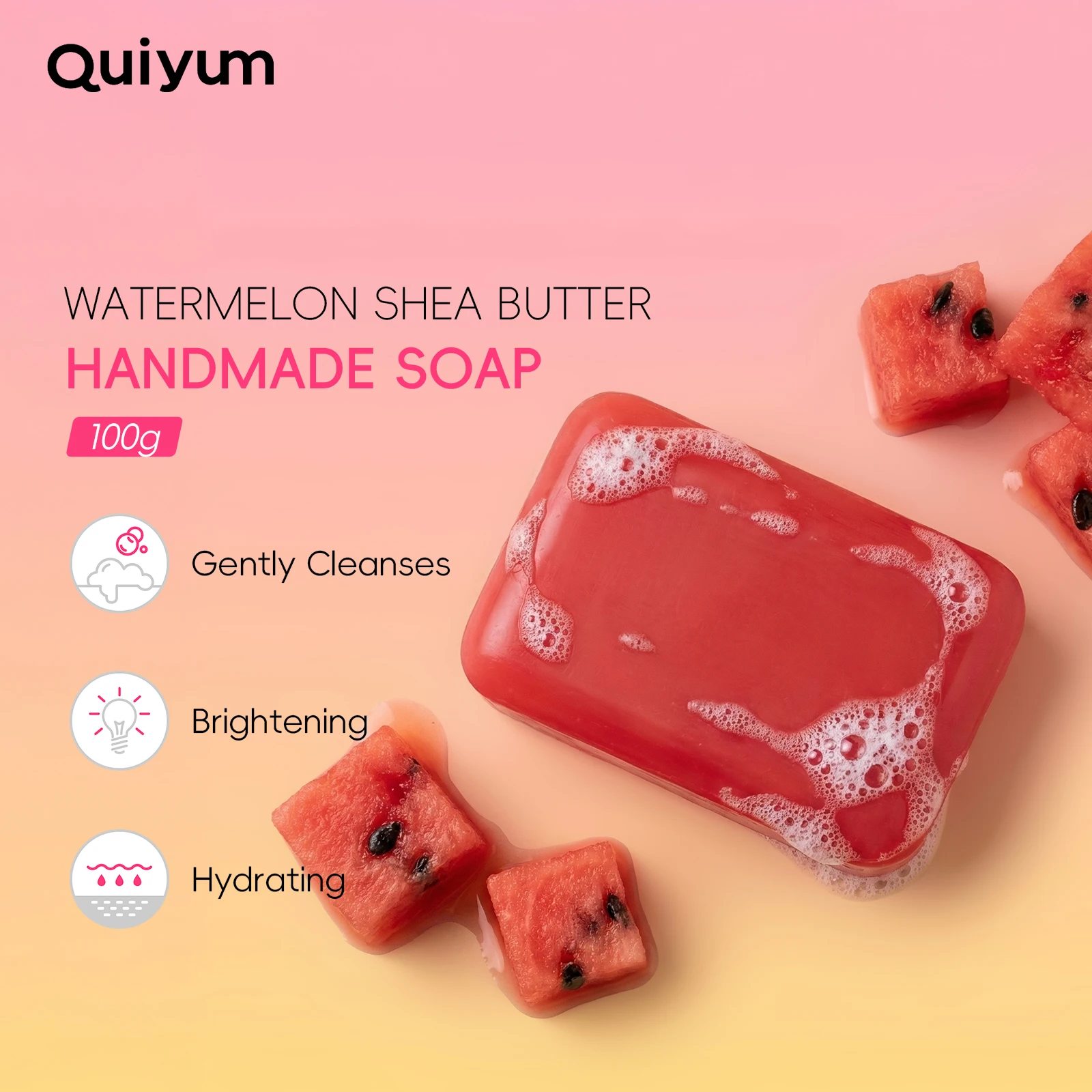 

Quiyum Watermelon Shea Butter Handmade Soap 100g Gentle Cleansing Brightening with Niacinamide & Vitamin E