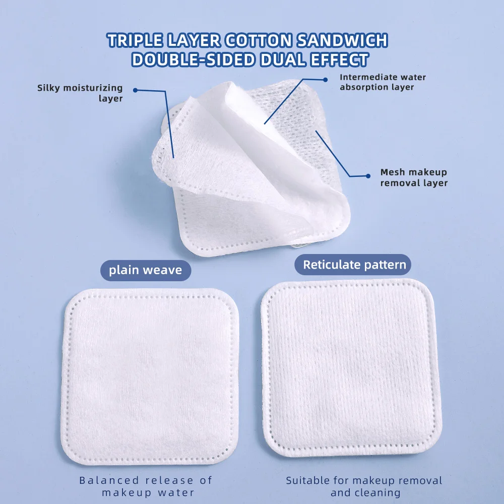 柔らかく通気性のある正方形のメイク落としパッド 100 枚、両面テクスチャードコットンパッド、スキンケアや洗顔に使用されます。