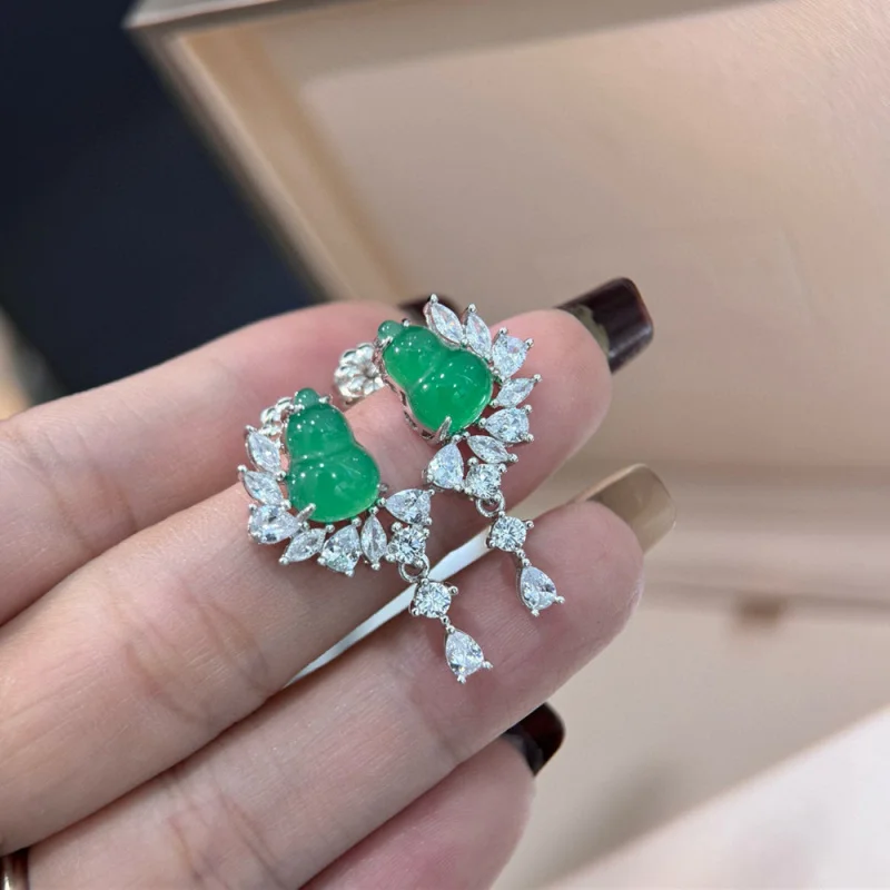 S925Sterling Silver New Chinese Style Natural Green Chalcedony Icy Jadeite Emerald Light Luxury Water Drop Gourd Earrings