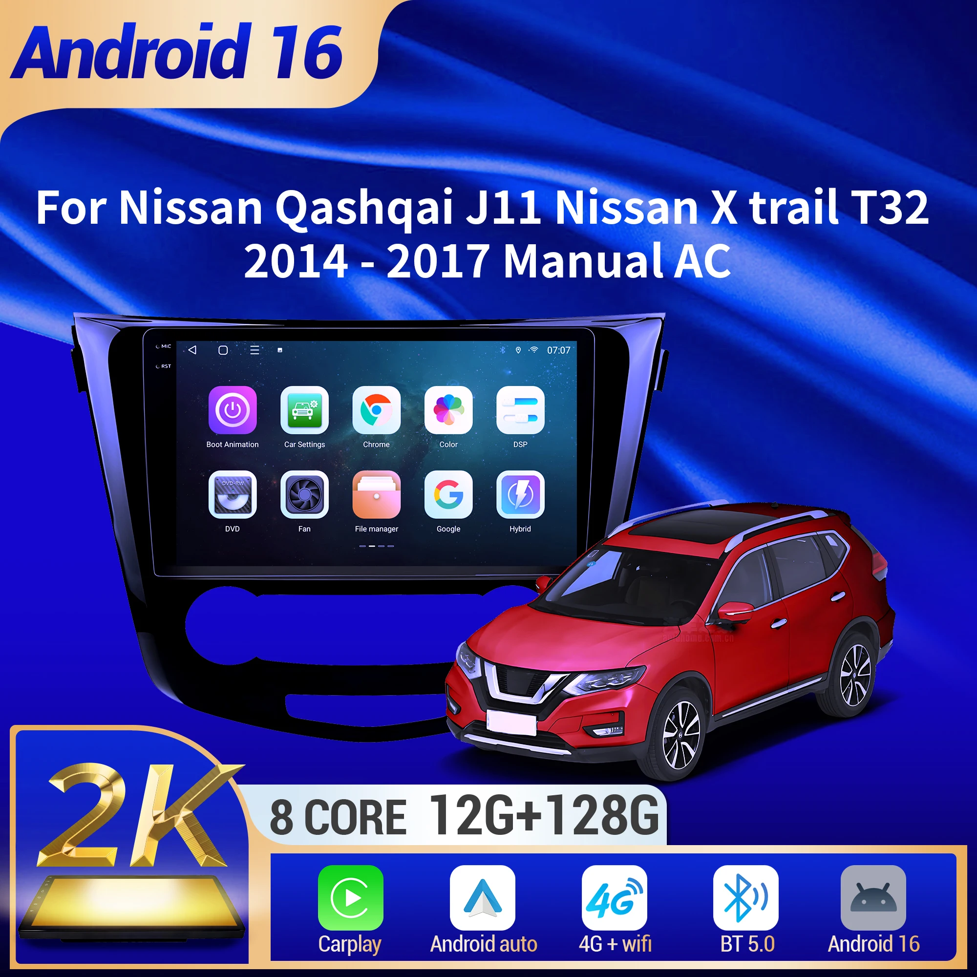 10“Car Radio Android 16 For Nissan Qashqai J11 Nissan X trail T32 2014-2017 Manual AC BT Carplay Multimedia 2K QLED Screen
