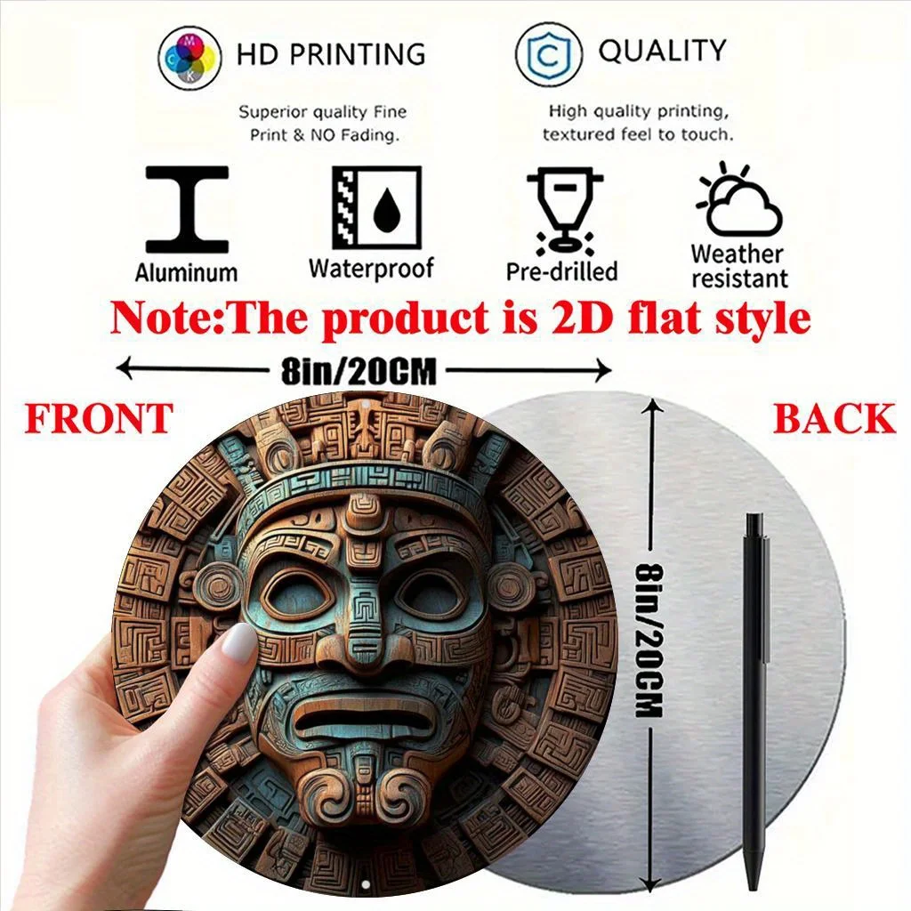 2D Flat, 1pc 8x8 Inch Circular Aluminum Wall Art - Tribal Mask Design with Geometric Patterns, High Quality & Fade-Resistant Met