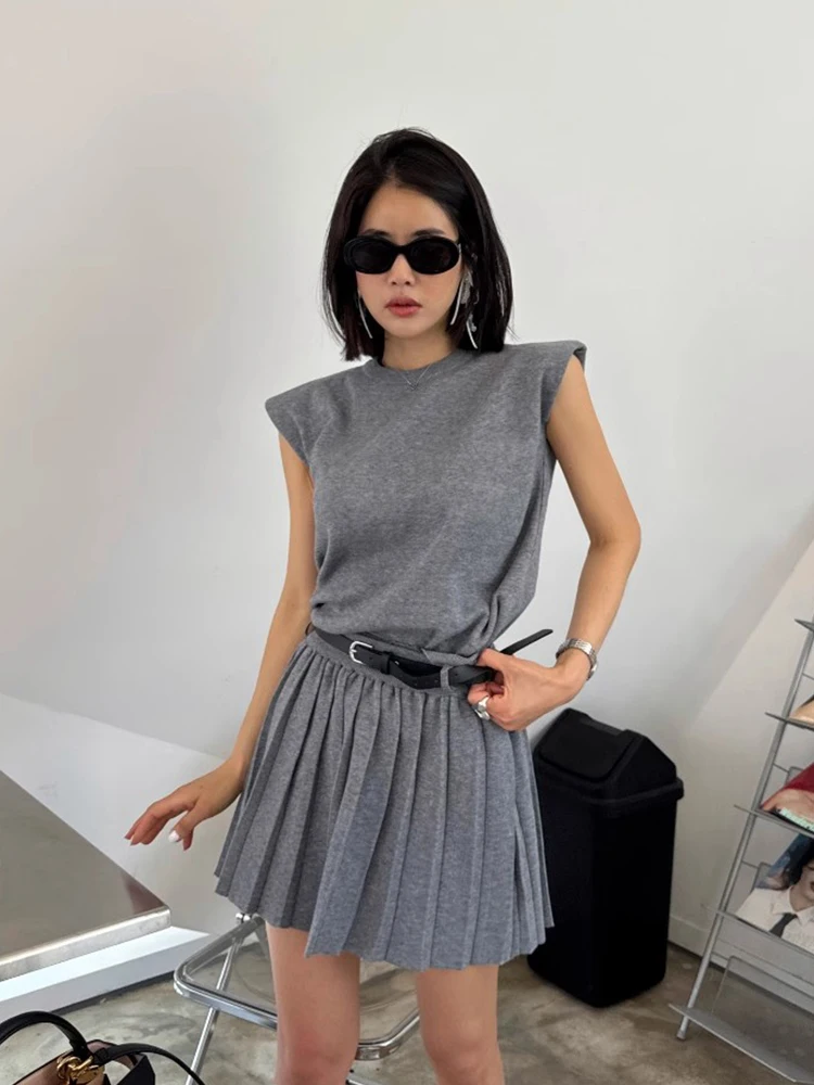 

Chic Summer New Vintage round Ne Knitted Vest High Waist f Skirt Set Faionable Ensemble ort Sve round Ne Vest