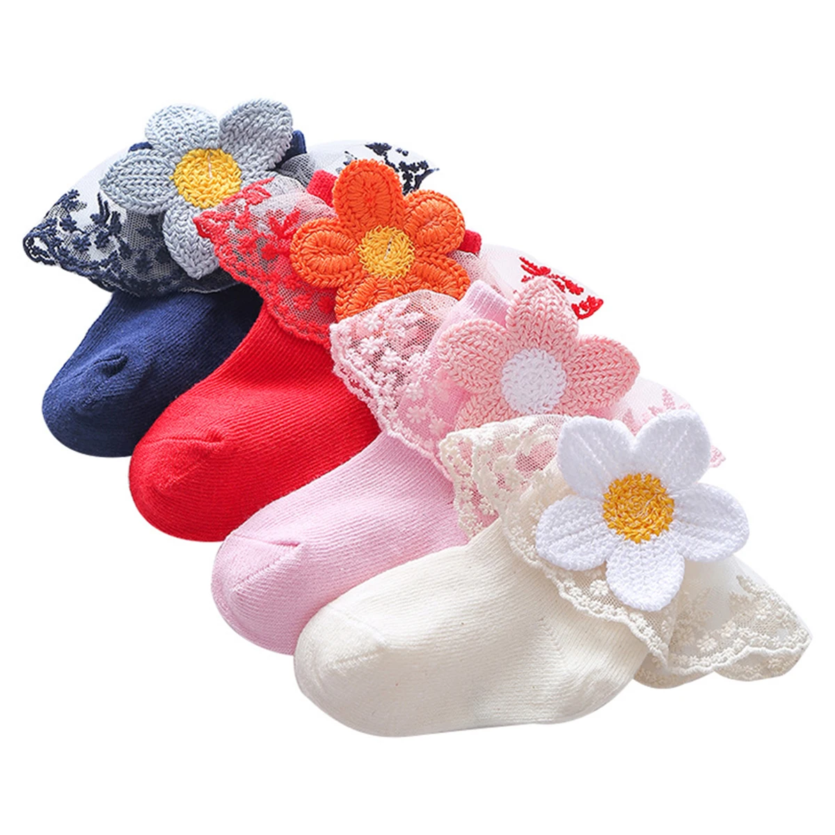 Infant Baby Girls Ruffle Socks Sweet Eyelet Frilly Lace Princess Ankle Socks with Sunflower Applique