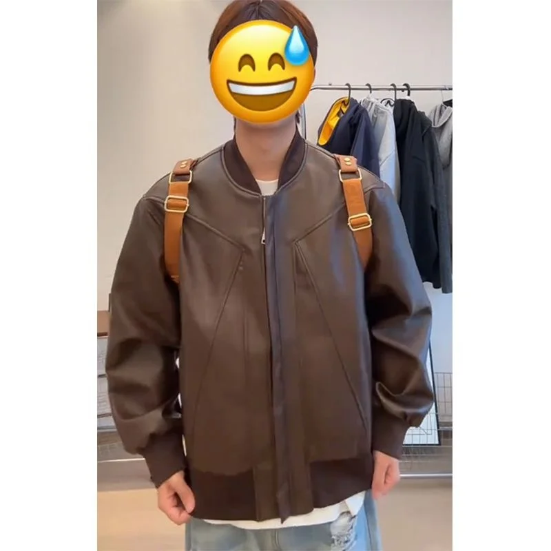 

Trendy Men's Leather Jaet Baseball Sle Loose Fit Versatile Autumn Winter Outerwear Polyester Long Sve Youth Faion