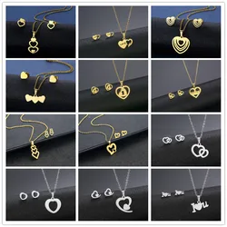 Stainless Steel Jewelry Sets Love Heart Chain Necklaces &  Earings Set Loving I love You Pendant Stud Earring For Girl Women