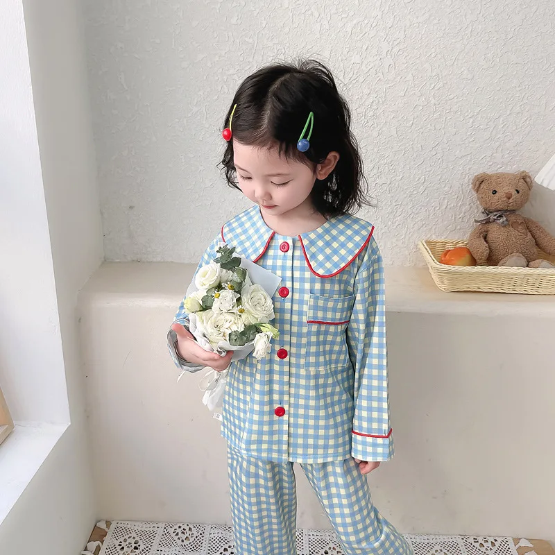 Conjunto de pijamas de manga comprida infantil, pijamas cardigan, conjunto de pijama xadrez, bebê menina, primavera, outono, 2 peças