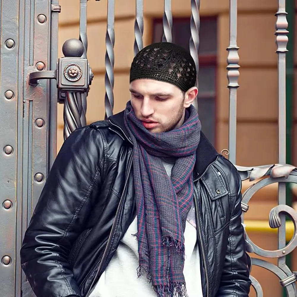 Nowa islamska czapka Kufi muzułmańskie kobiety mężczyźni czapki modlitewne ręcznie robione na szydełku czapka z dzianiny czapka zimowa ciepła czapka akcesoria unisex — zdjęcie 5