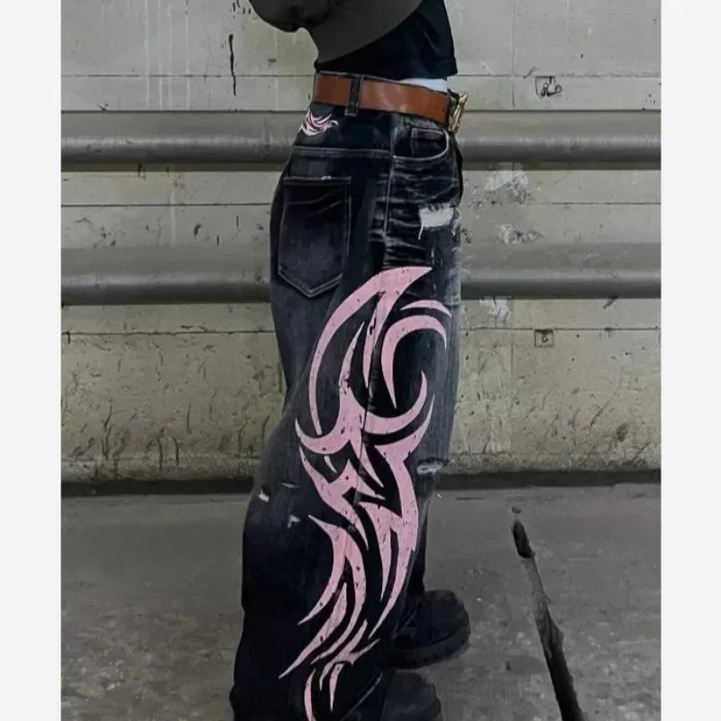 Deeptown Y2k Vintage Gothic Graphic Print Women Jeans Harajuku Washed Hole American Fashion Denim Pants Baggy Punk Streetwear