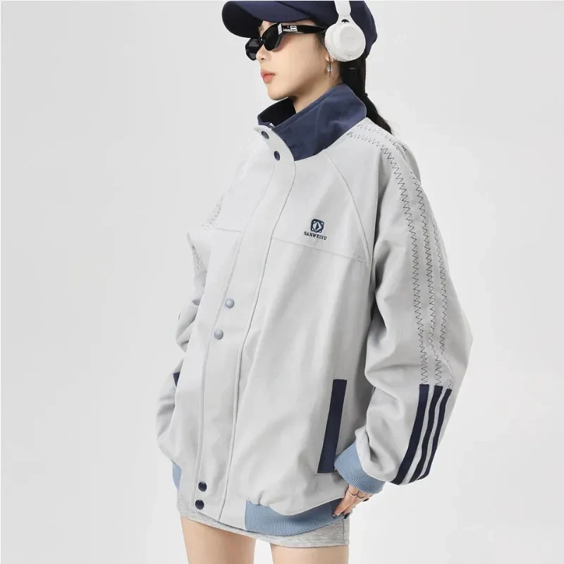 American Sprots Jacket Women Stand Collar Zipper Simple Patchwork Side Stripe Sweatshirt Fashion Loose Hip Hop Casual Coat