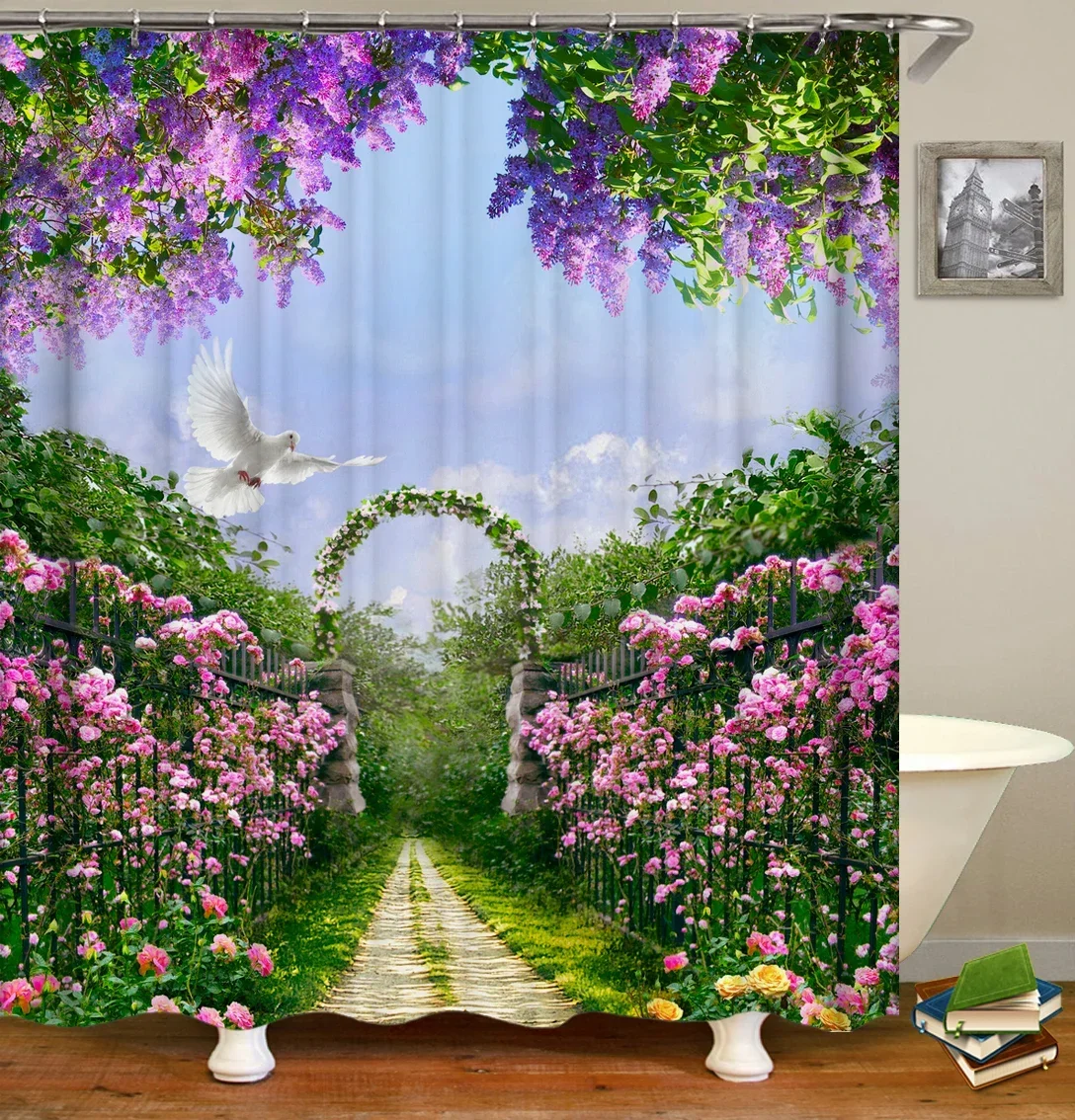 3D Printing Bathroom Curtains Garden Flowers Rural landscape Waterproof Fabric Shower Curtains Idyllic Scenery Decor Curtain