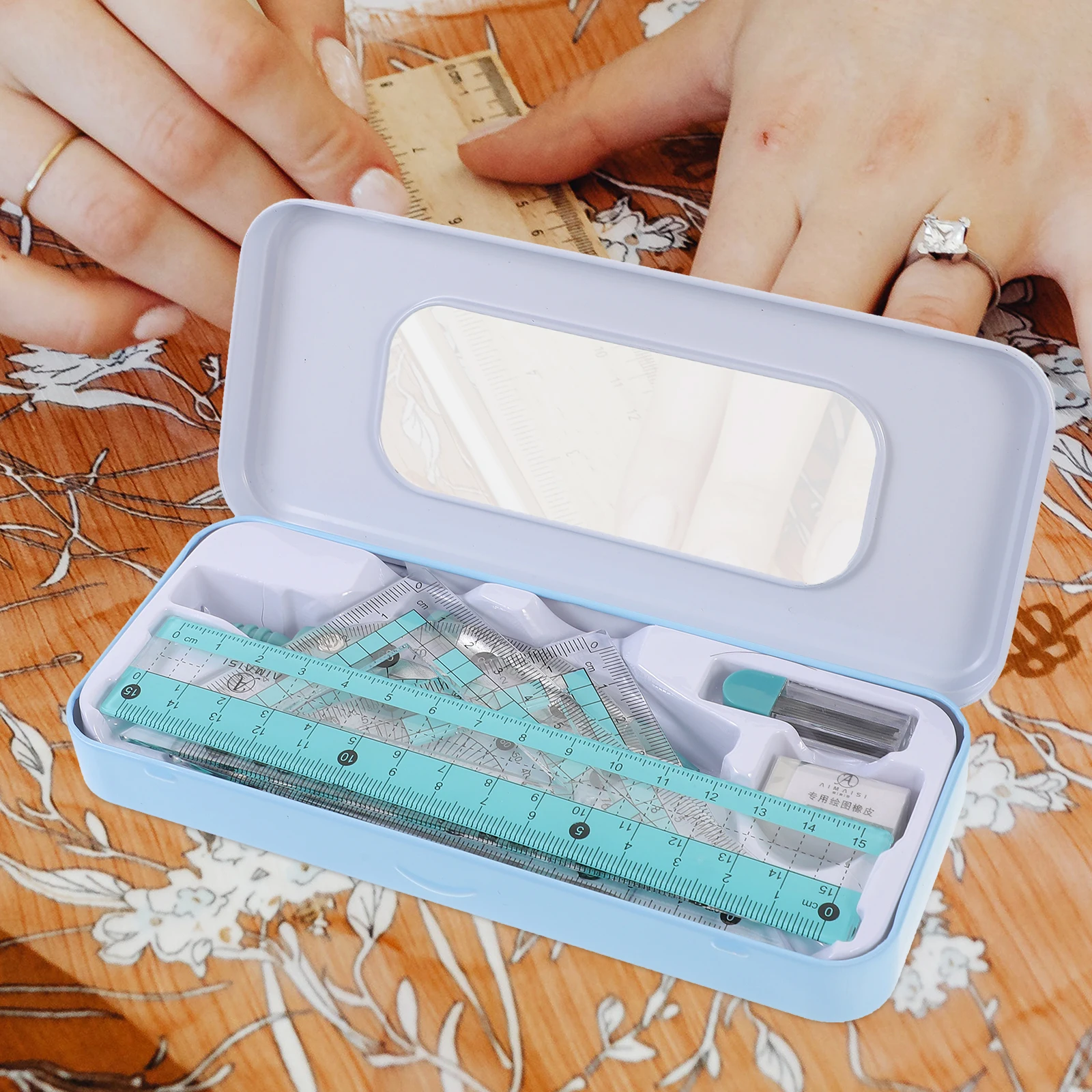 مجموعة مسطرة مكتب الرسم أقلام رصاص بوصلات للأطفال مجموعة الرياضيات لوحة مثلثة شفافة