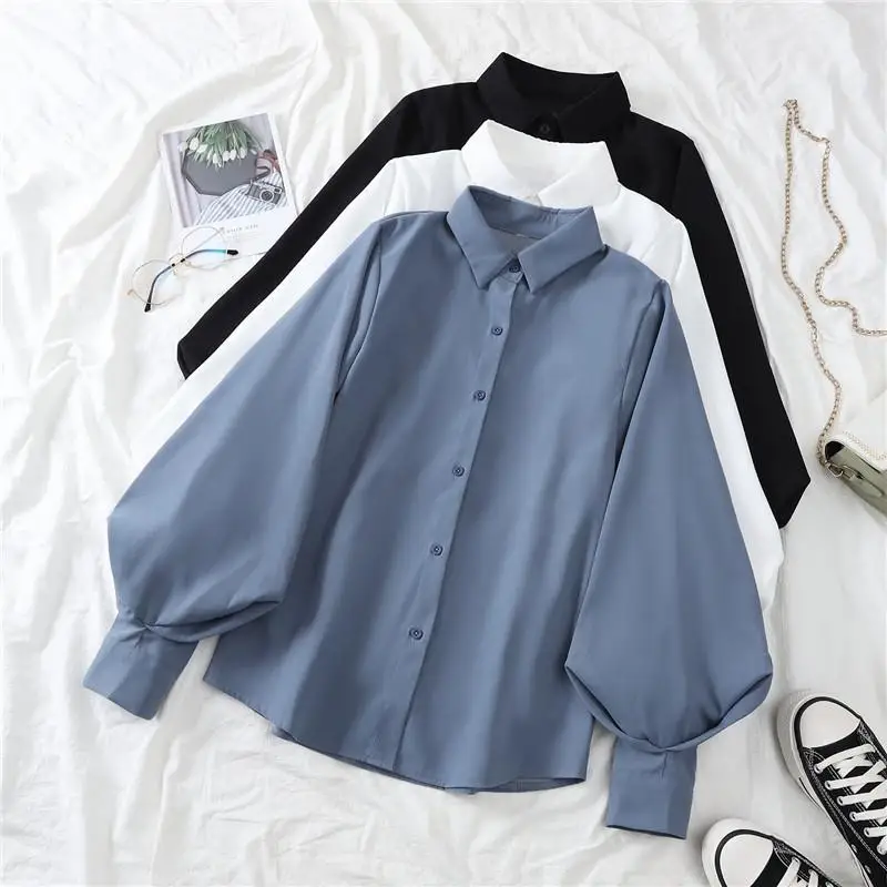 

Shirts Women Lantern Sleeve Loose Preppy Fashion Stand Collar Blouse Office Lady Solid Korean Casual Ins Minimalist Lapel Tops