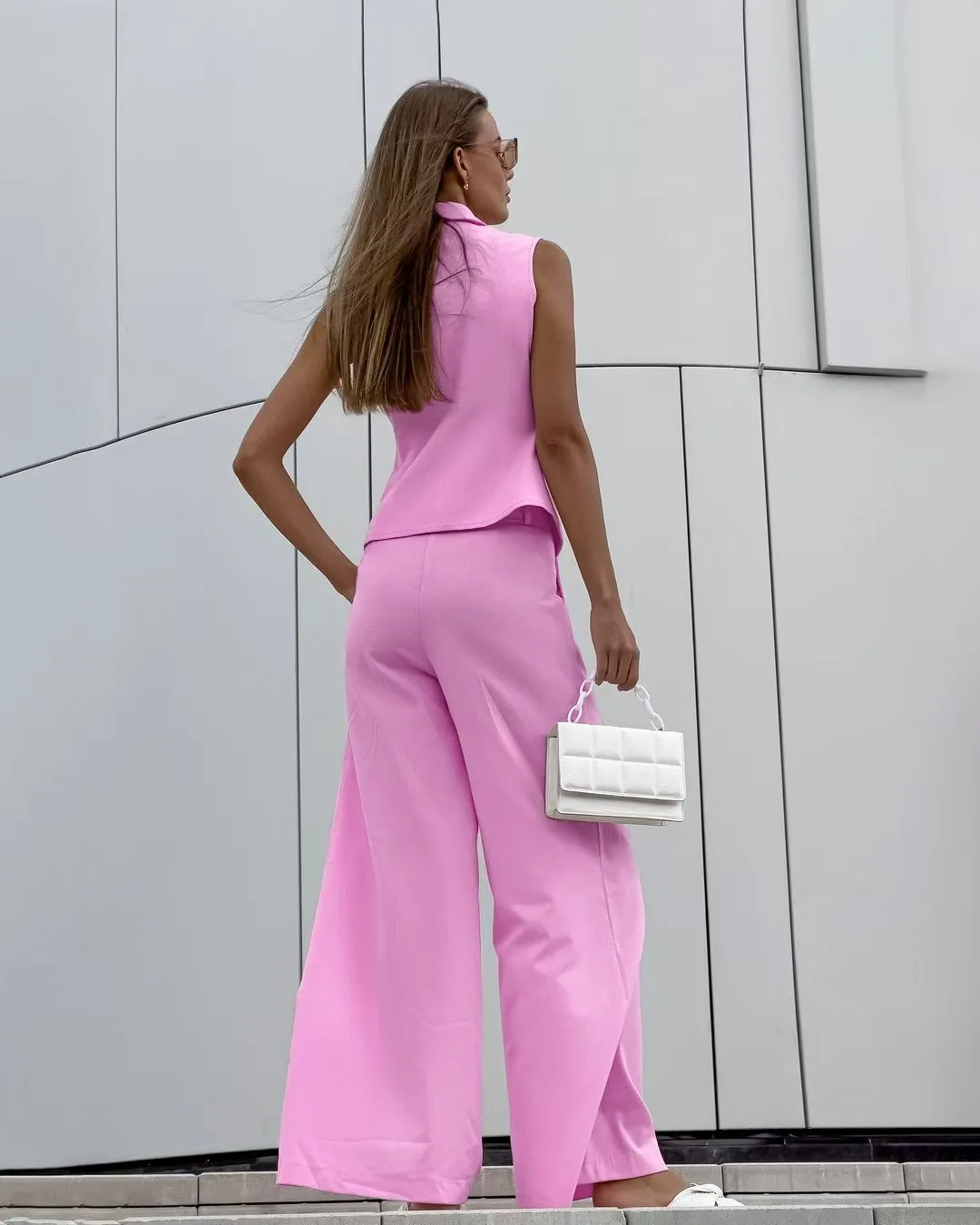 ผู้หญิงสีทึบLapelปุ่มเสื้อกั๊กชุดกางเกงลําลองสําหรับฤดูร้อน 2025