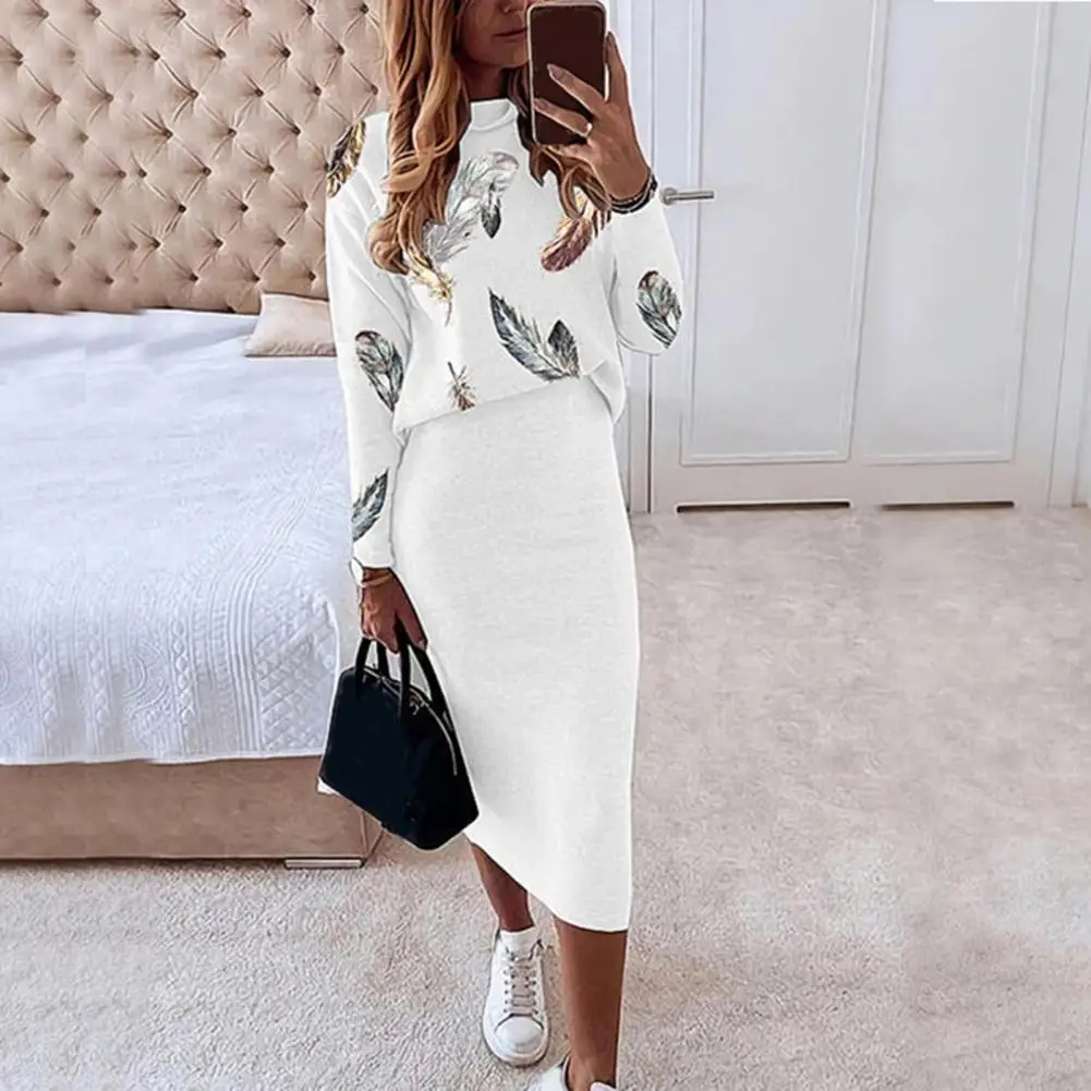 1 Set Blouse Skirt Five-pointed Star Print High Waist Autumn Winter Bodycon Pencil Skirt Suit Office Lady Outfit Streetwear