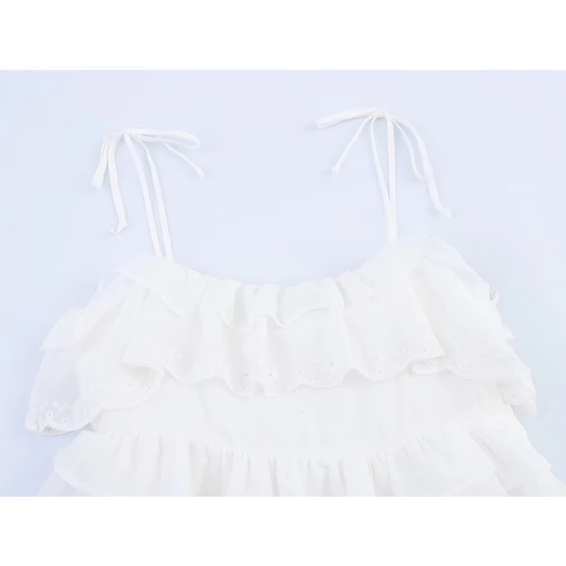 Yenkye sexy alças finas em camadas plissado branco mini vestido feminino a linha o pescoço casual verão praia vestidos curtos 2025
