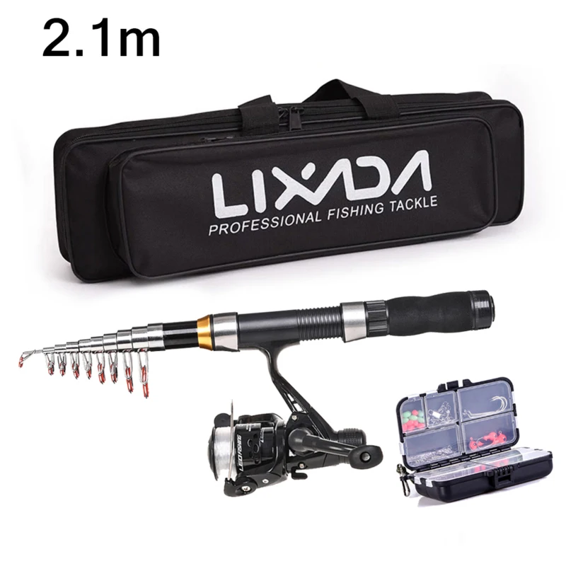 Lixada Fishing Rod Reel Combo Full Kit with 2.1m 2.3m Telescopic Fishing Rods 2PCS Spinning Reels Set with Hooks Soft Lures Bar