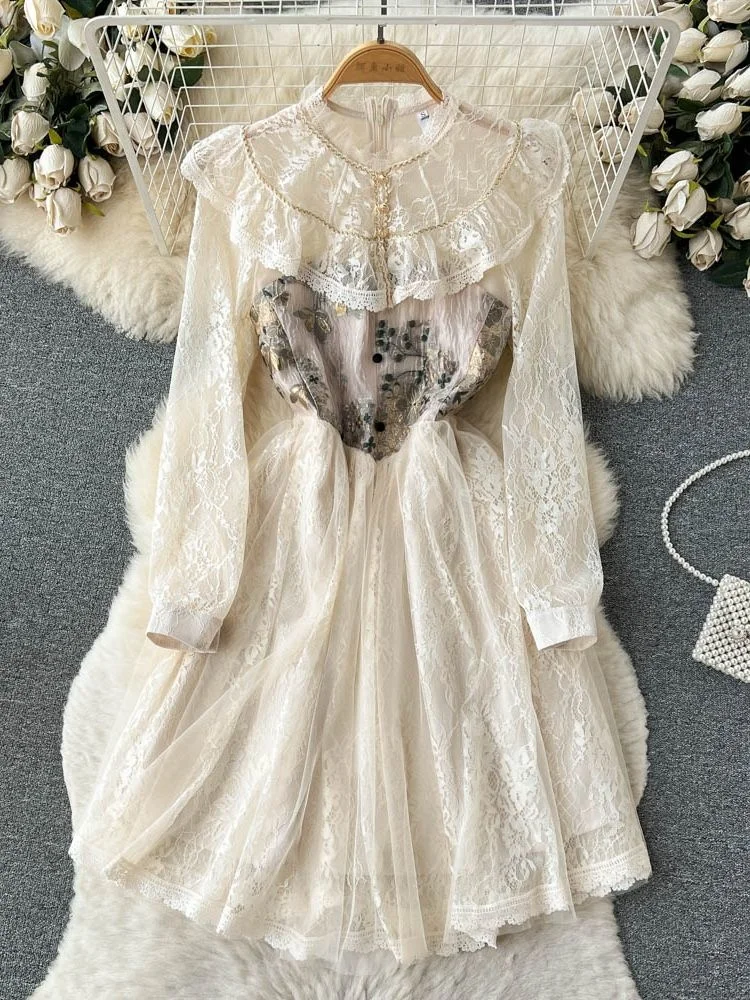 

French Vintage Flower Jacquard Patchwork Lace Sweet Dress Women Long Sleeve O Neck Fairy Floral Mesh Tulles Dresses Vestidos