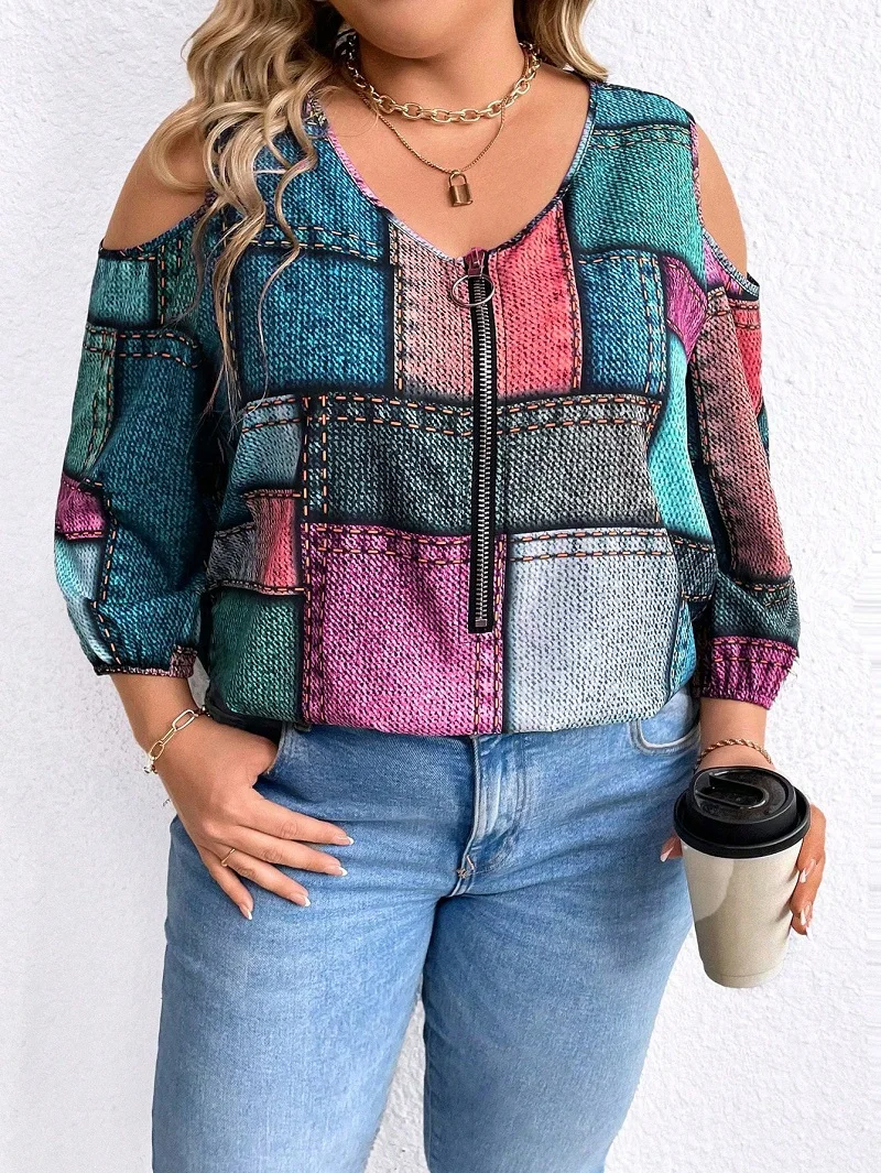 

Europe And The United States Plus Size Women's Autumn And Winter Fashion New Long-Sleeved Zipper Strapless Plaid Blouse