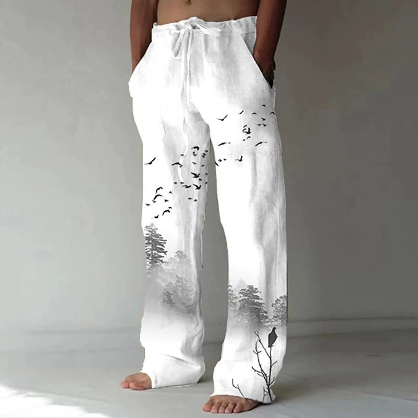 Men's Loose Casual Pants, Cotton Linen Printed Drawstring Comfortable Trousers Roupa Masculina Pantalones Casuales - view 3