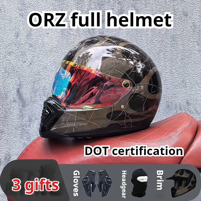 

ORZ Retro Motorcycle Full Helmet Cruise Motorcycle Helmet Four Season Universal Off-road Helmet Colored Lenses