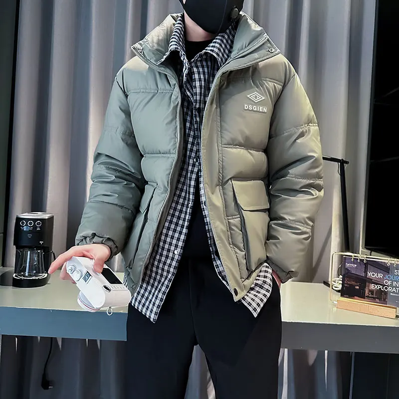 Korean Stand Collar Puffer Parkas Men's Winter Thick Keep Warm Fake Two-piece Cotton Jacket Hiphop Overcoat Social Streetwear