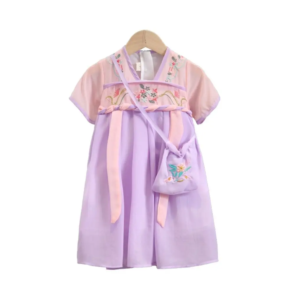 New Chinese Style Baby Girl's Dress Vintage Short Sleeve Hanfu Dress Blue Purple Children's Princess Dress Baby Girl's