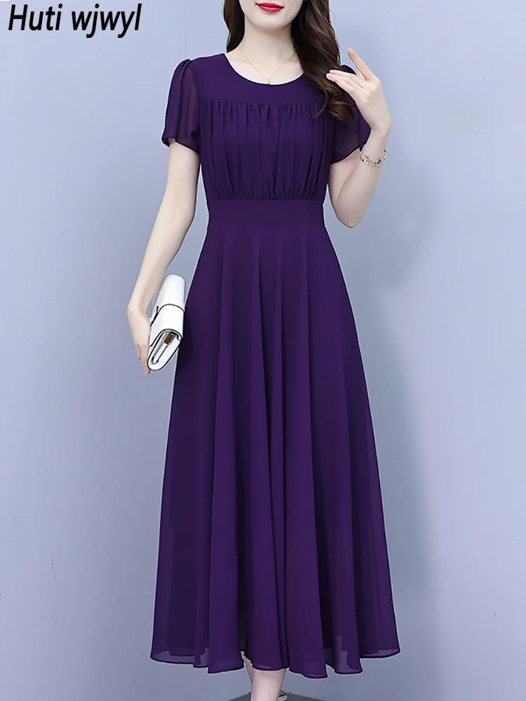 Summer Purple Chiffon Casual Beach Long Robe Women Solid Elegant Bodycon Pleated Dress 2024 Korean Vintage Party Prom Maxi Dress