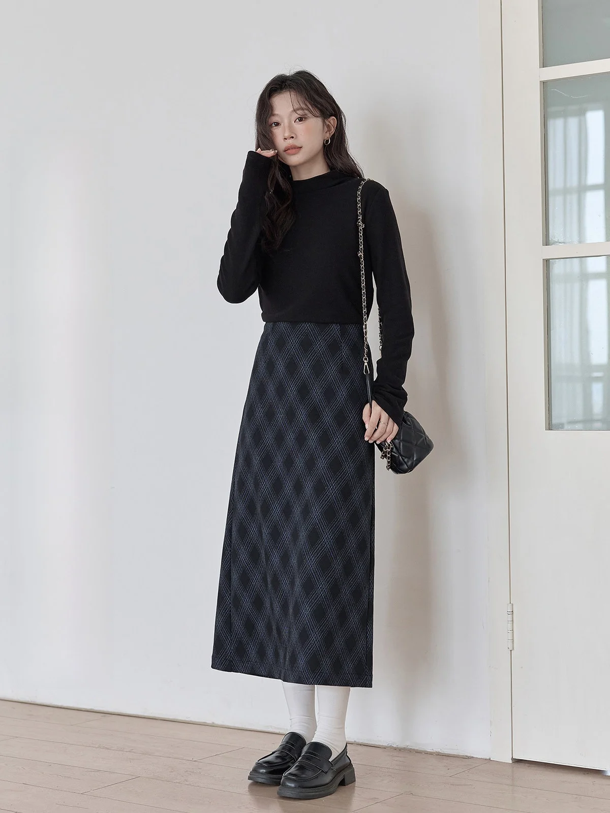 

High Waist A-Line Long Skirt Blue Bla Plaid Woolen f Skirt Winter New Women's Faion Casual Color with
