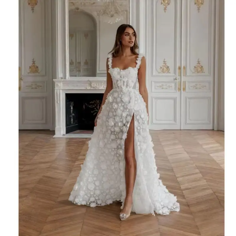 

White Wedding Dress Customized Lace Spaghetti Strap robes de soirée Side Split Appliques Evening Dresses Wedding Party Gowns