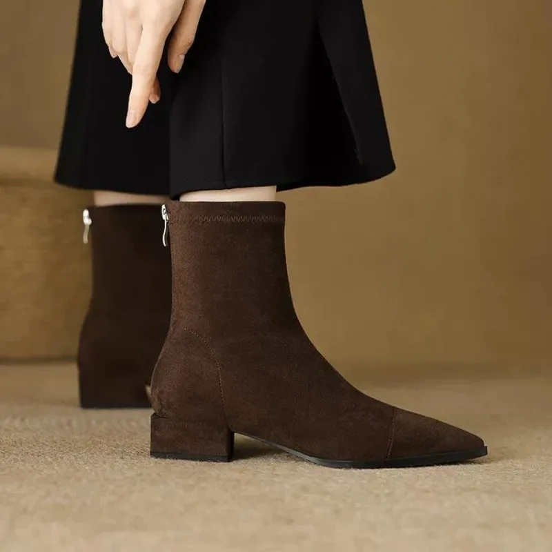 Plus-Size Women's Boots 2026 Winter Fashion Pointed-Toe Design Short Boots with Zippers on The Back, Slim Low-Heeled Nude Boots view 4