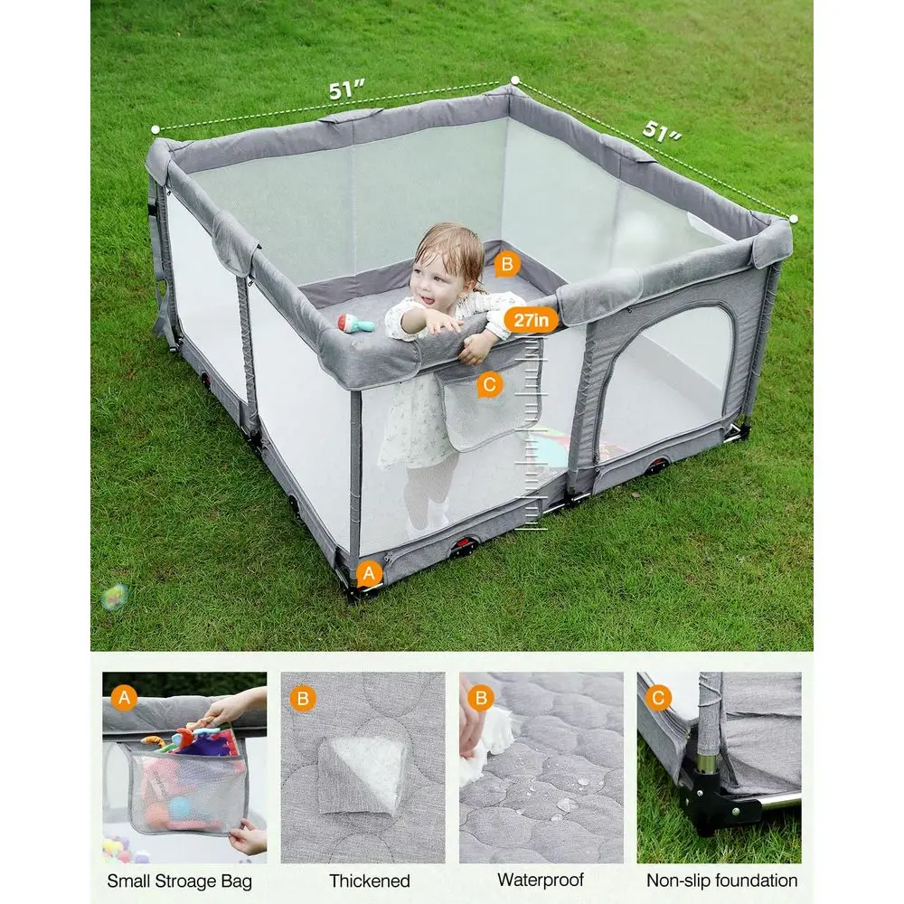 Box portatile pieghevole extra large con tappetino spesso per neonati e bambini piccoli, centro attività sicuro con cancello (51×51 grigio)
