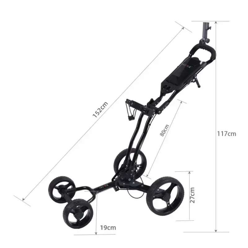 Carrello da golf pieghevole a 4 ruote con struttura in acciaio inossidabile, maniglia regolabile, tabellone segnapunti e sistema frenante affidabile