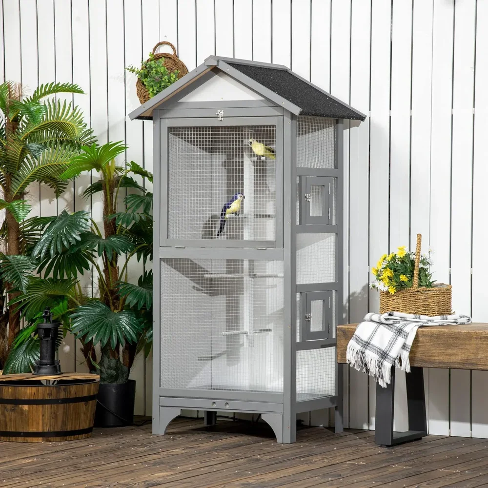 

Wooden Outdoor Bird Cage for Finches, Parakeet, Large Bird Cage with Removable Bottom Tray 4 Perch,