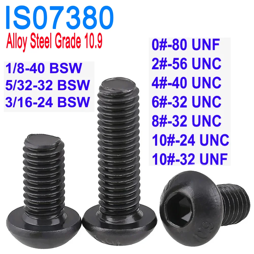 

Mushroom Bolts 0# 2# to 10# UNC UNF 1/8'' 5/32'' 3/16'' BSW Grade 10.9 Alloy Steel Hex Socket Button Head Screws ISO7380