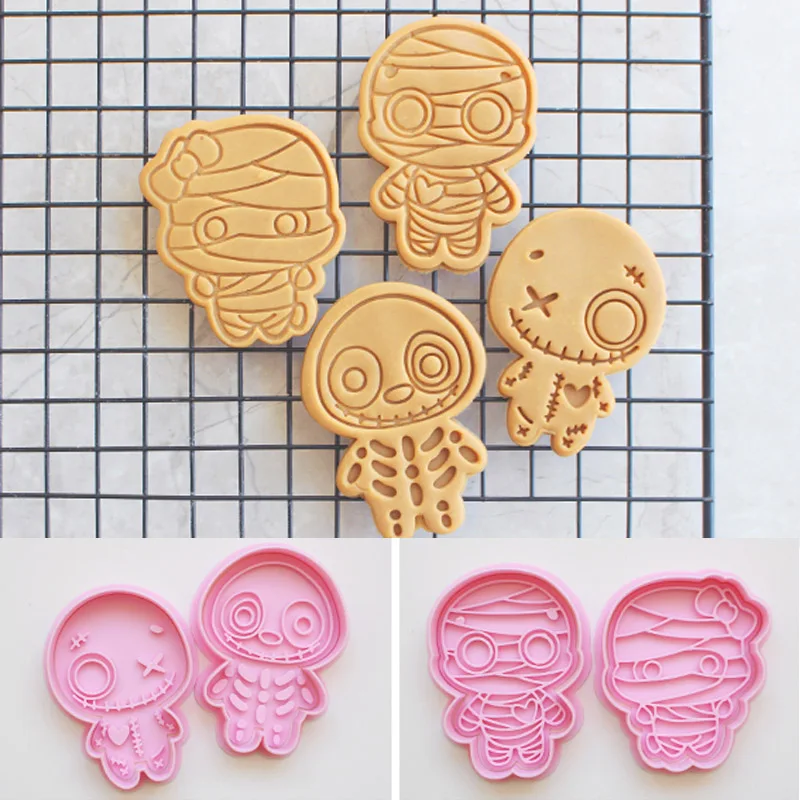 Cartoon Halloween Mummy Cookie Cutters Set Skull Skeleton Zombie Pressable Fondant Stamp Mold Halloween Party Cake Baking Tools