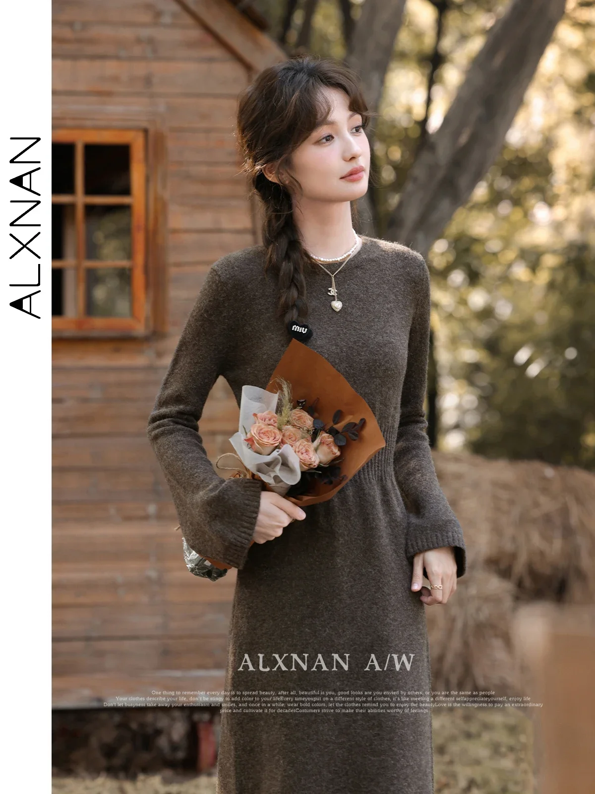 ALXNAN Women\'s Gentle Knitted Dresses 2024 Fall Winter A-line Round Collar Long Sleeve Elastic Waist Lady Commuter Dress L330161