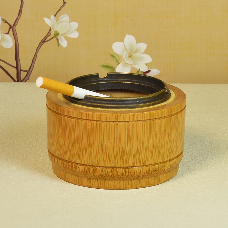 Natural Bamboo Ashtray with Metal Ring High Temperature Heat Resistant Round Design Cigarette Ashtray Cigarette Accessories