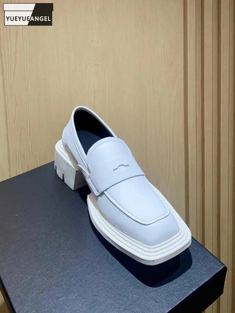 British Style Mens New Fashion Cowhide Genuine Leather Comfortable Business Work Formal Shoes Mid Heel Mens Square Head Handmade