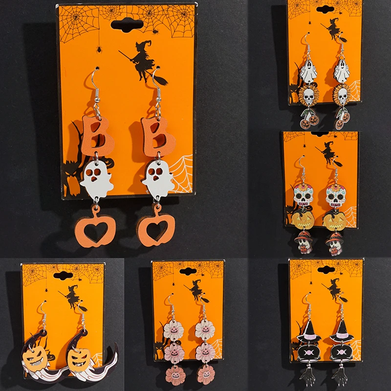 1Pair Halloween Series Long Dangle Earrings Women Retro Cute Jewelry Creative Funny Ghost Pumpkin Cat Pattern Wood Earring