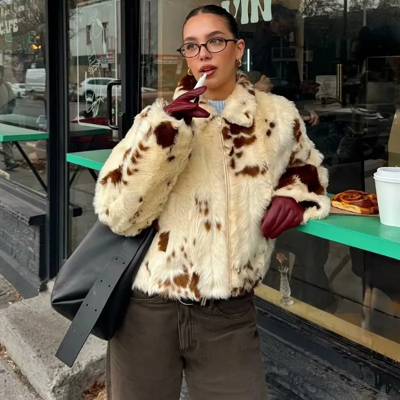 Tuularose Winter Fur Coat Fashion Contrast Collar Zip-Up Plush Patchwork Coats Casual Oversized Office Lady Chic Women's Outwear