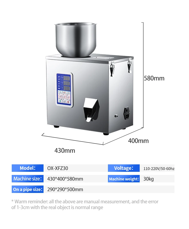 Ouxin OX XFZ30 Semi-Automatic Electric Weighing Machine for Herb Seed Salt Rice Powder Tea for Beverage Chemical Applications