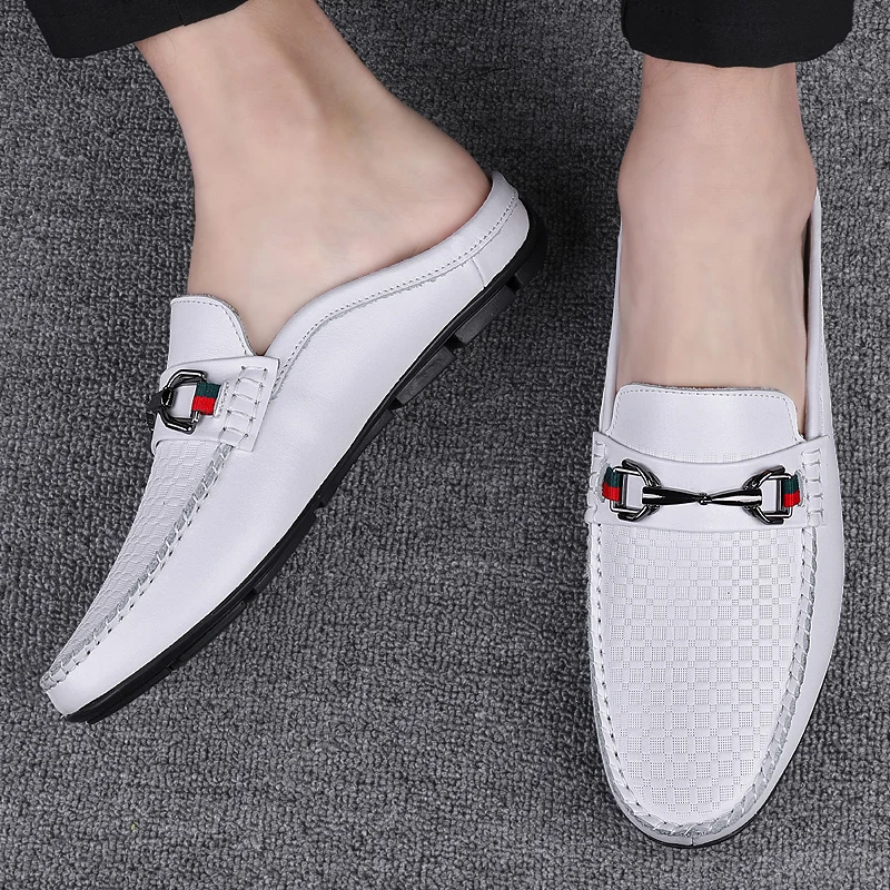Large Size Mules Men Half Shoes For Man Slippers Leather Women Semi-Drag Casual Shoes Backless Loafers Male Slides Flats Sandals