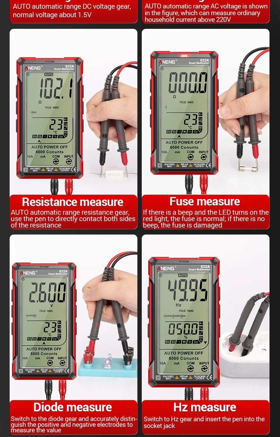 ANENG 622A/622B Smart Digital Multimeter AC/DC Spannung Strom Kondensator Widerstand NCV Spannung Induktion Infrarot Laser Tester – Detail 16