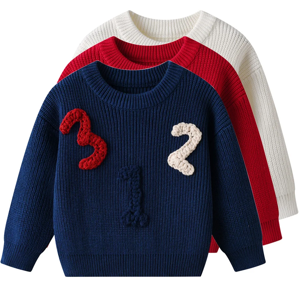 

UNITIM Toddler Girls Sweater Letter Embroidery Thicken Warm Kids Girls Knitwear New Winter Round Neck Infant Boys Pullovers