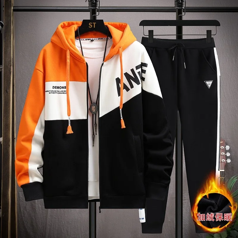 

Winter 2023 Tracksuit Set Thicken Korean Youth Hip Hop Hooded Jacket Sets Casual Men Two-piece Jogging Sportswear Suit