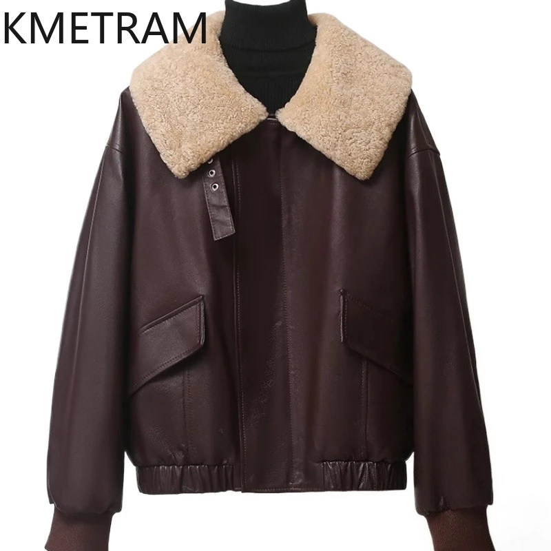 KMETRAM 100% جلد الغنم الطبيعي ساحة قطع طوق أسفل مليئة بطانة داخلية للنساء شتاء 2025 معطف الفرو fourrure