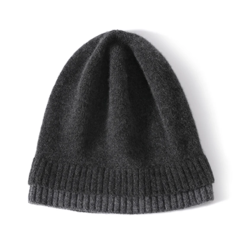 100%Wool Women Knitted Beanies Autumn Winter Warm Soft Cozy Cashmere Hats Fashion 2 Layer Hem Bonnet Outdoor Ski Skullies Cap