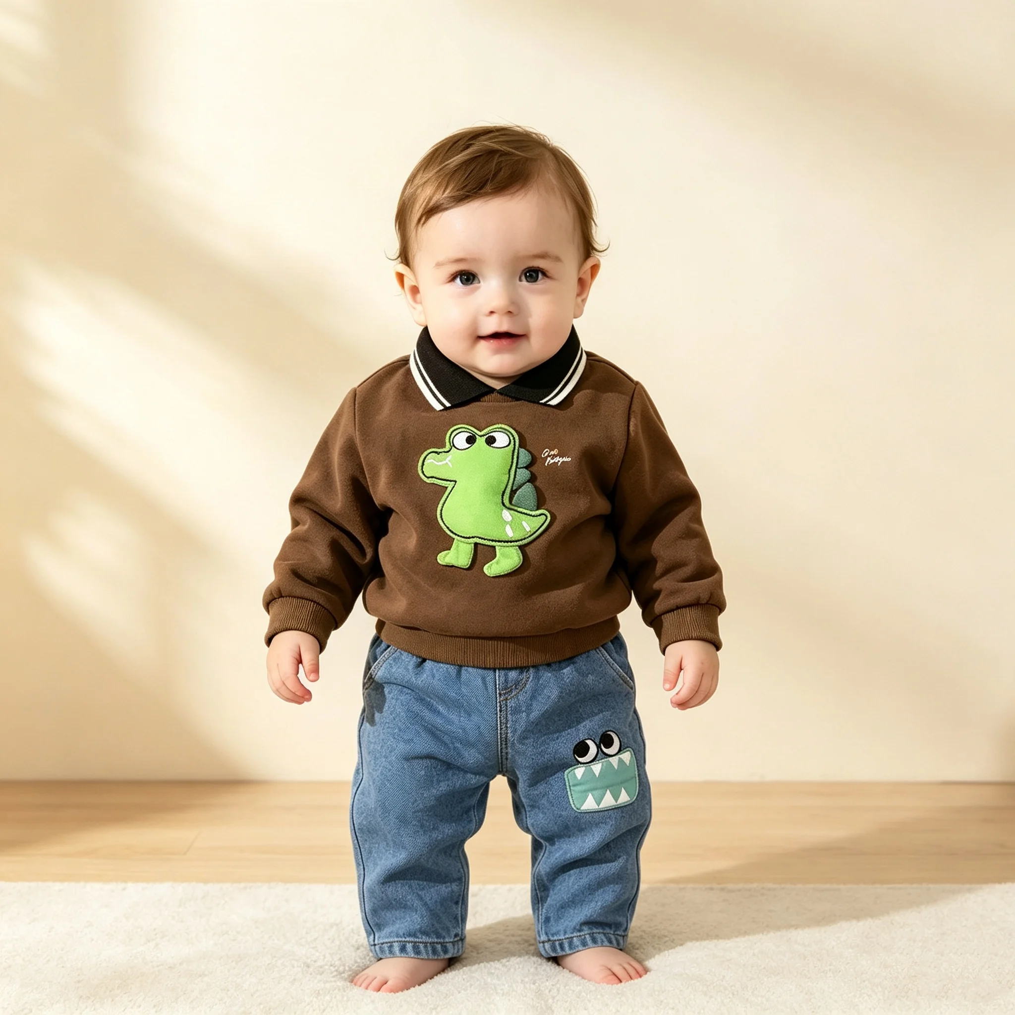 Boys Spring Autumn Dinosaur Themed Two-Piece Set Polo Collar 3D Cartoon Alligator Sweatshirt with Cartoon Patchwork Denim Pants