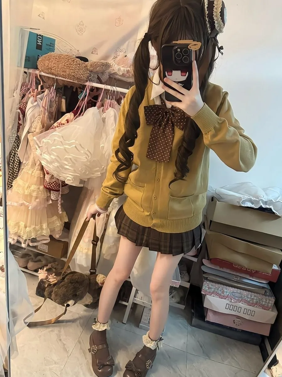 

Осень-зима, коричневый вязаный свитер, милый комплект с юбкой для колледжа, повседневное удобное дышащее пальто на пуговицах