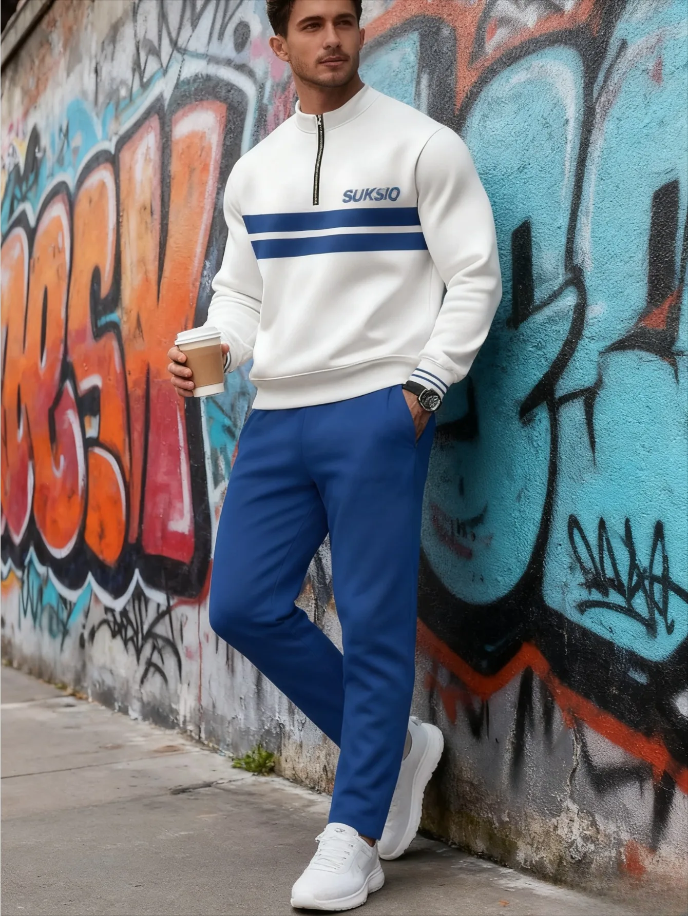 2-piece set, European and American men's fashionable sports long-sleeved top and long pants set
